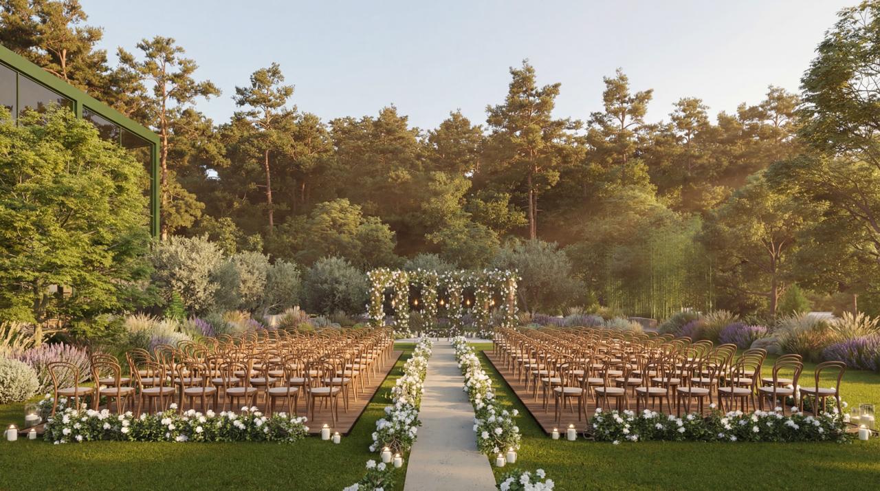 Jardín principal con decoración elegante y montaje de eventos