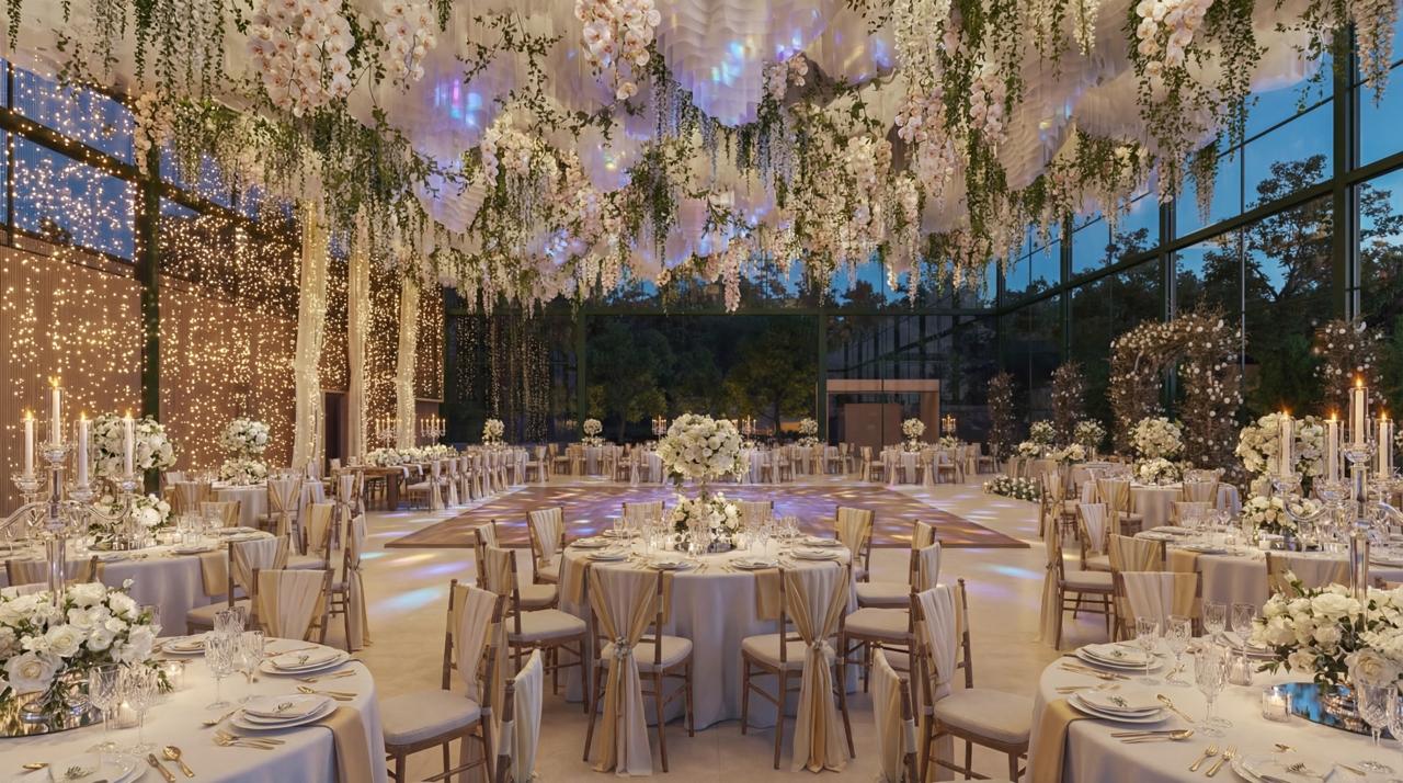 Salón de eventos techado con iluminación cálida