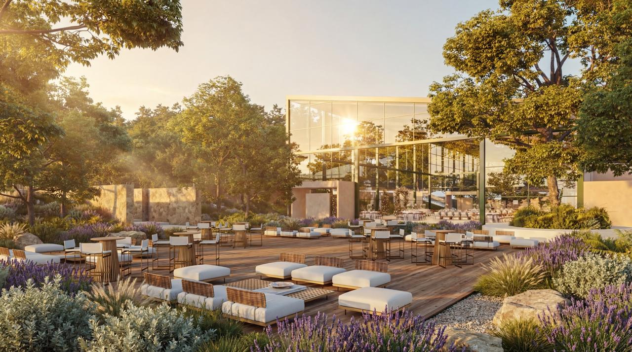 Área de ceremonia civil con arco floral y sillas